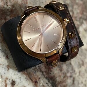 Michael Kors Gold and Brown Studded Wrap Watch